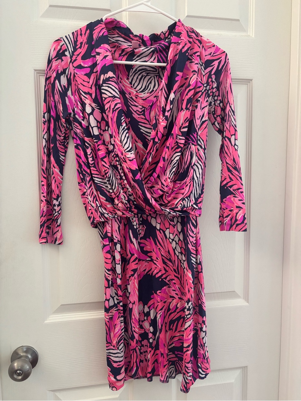 Lilly Pulitzer Pink & Navy Tropical-Print Long Sleeve Wrap Dress